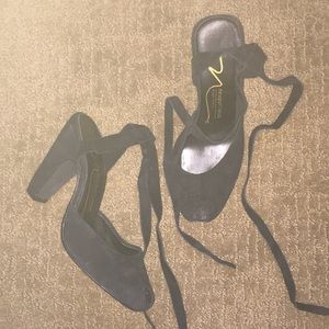 blk suede peep toe lace up heels